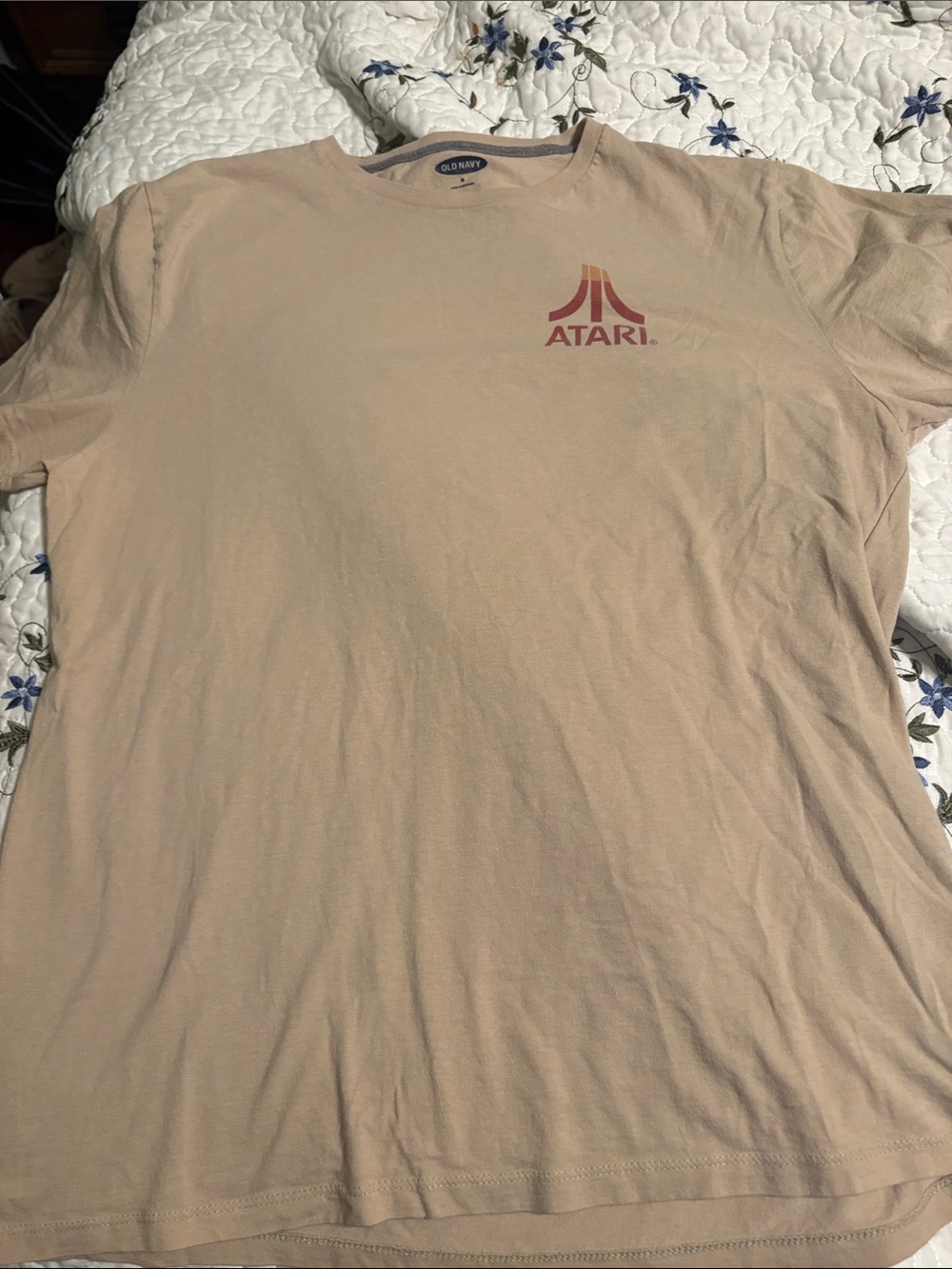 Old Navy Beige Short-Sleeve Tee with Red Atari Chest Logo